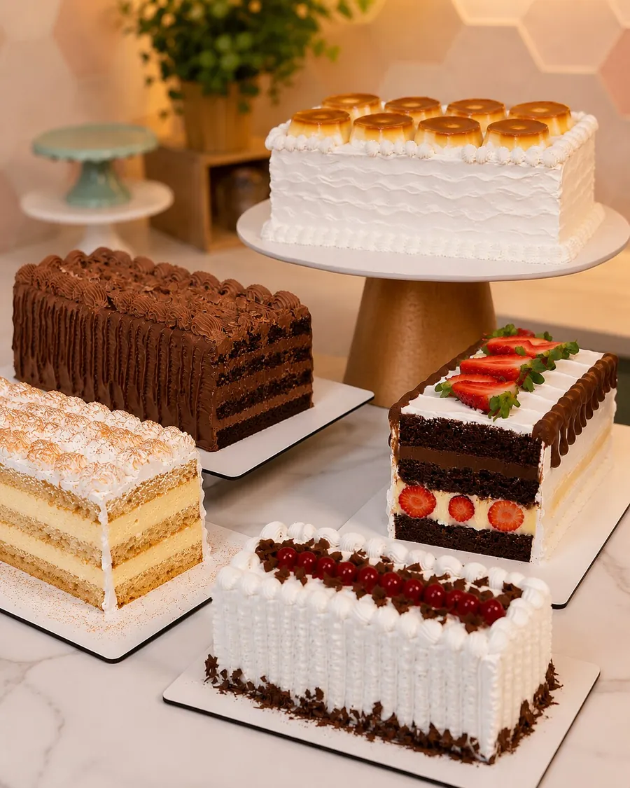 Mesa con tortas de chantillí, chocolate y porciones